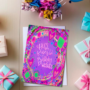Birthday Hugs Lila Floral Hearts Trendy Karte