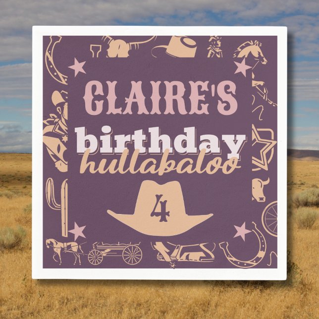 "Birthday Hullabaloo" Western Cowgirl Party Serviette (western cowgirl birthday hullabaloo birthday napkins purple pink orange custom name and age)