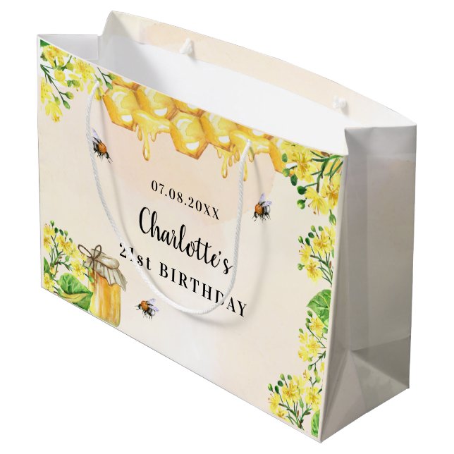 Birthday Hummeln Honigblüten Gelbfloralen Monogram Große Geschenktüte (Rückseite Schrägansicht)