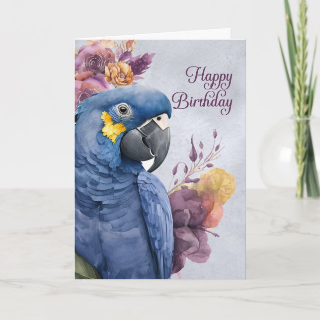 Birthday Hyacinth Macaw Parrot in Blau und Lila Karte (Vorderseite)