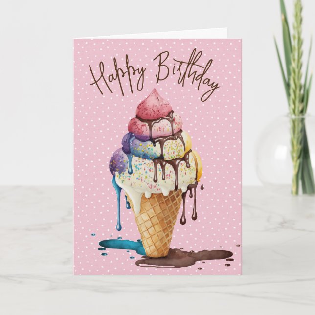 Birthday Ice Cream Cone on Polka Dots Karte (Vorderseite)