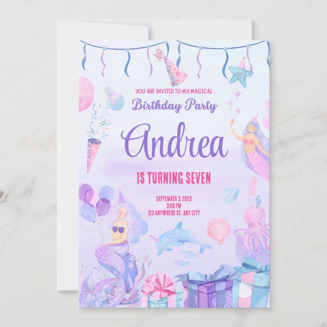 Birthday invitation card. Mermaid for Girls.Custom (Devant)