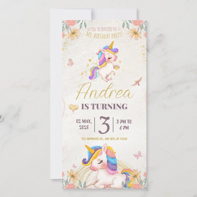 Birthday invitation card. Unicorn for Girls (Devant)