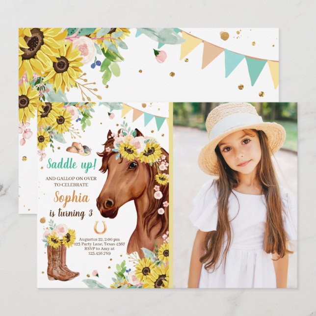 Birthday Invite Girl Sunflowers Pony Einladung (Vorne/Hinten)