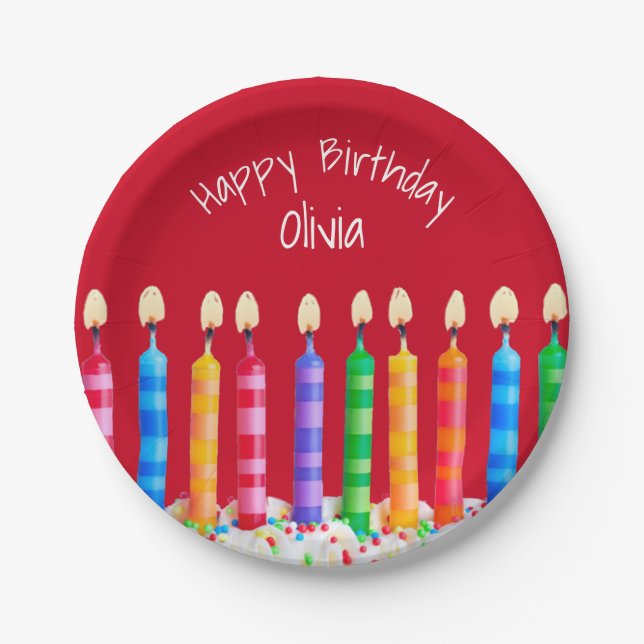 Birthday Kerzen auf Rot mit Name Paper Plate Pappteller (Vorderseite)
