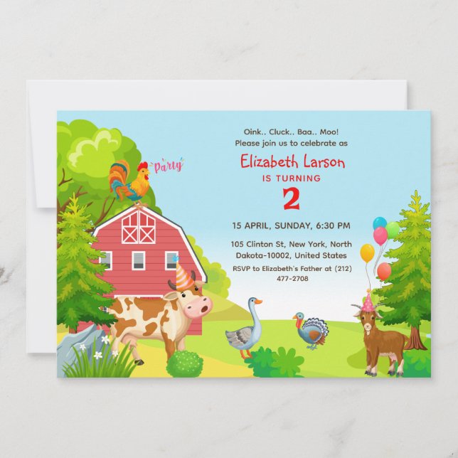 Birthday Kids Farm Animal Theme Party Einladung (Vorderseite)