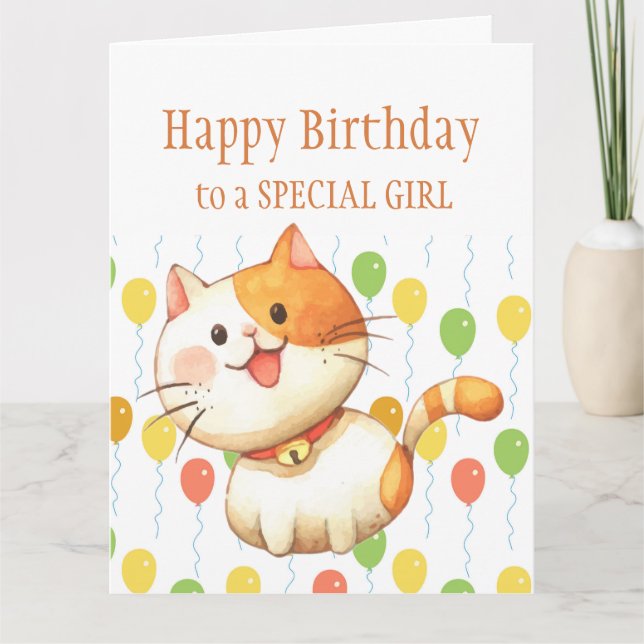 BIRTHDAY KIDS Orange Cat Kitten Farbige Balloons Karte (Vorderseite)