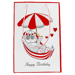Birthday Kitten in Red & White Hammock Medium Gesc Mittlere Geschenktüte