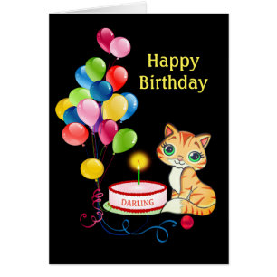 Birthday kitty cat & multicolored balloons on Card