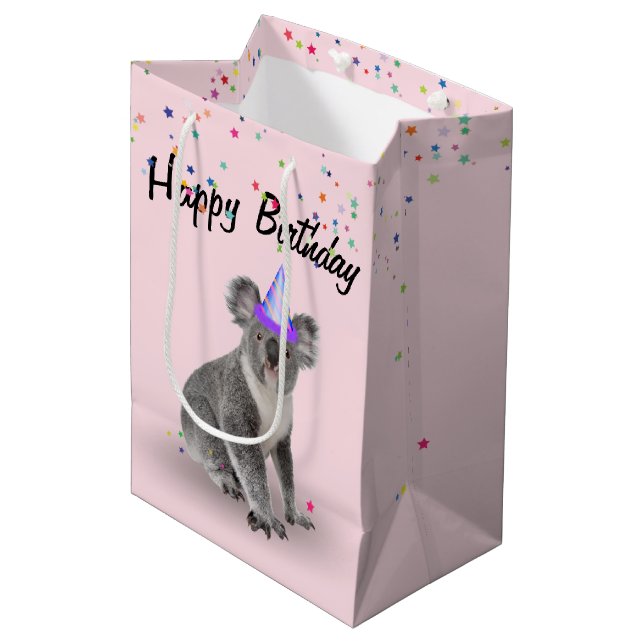 Birthday Koala Bear und Star Confetti Mittlere Geschenktüte (Vorderseite Schrägansicht)