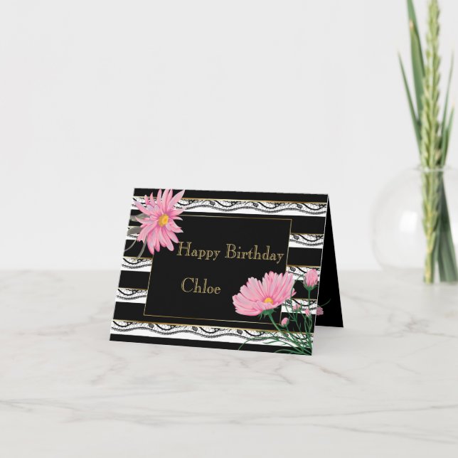 Birthday Lace and Black Stripes with Pink Daisies Karte (Vorderseite)