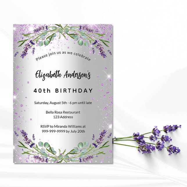 Birthday Lavendel Silber Eukalyptus grün Einladung (Von Creator hochgeladen)