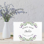 Birthday lavender violet florals eucalyptus gästebuch<br><div class="desc">A stylish white background decorated with violet lavender flowers and eucalyptus greenery.  Personalize and add a name.
Spine: add your own text.</div>