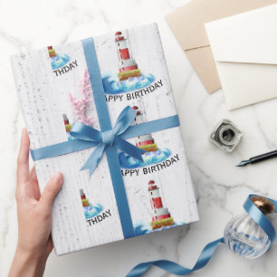 Birthday Lighthouse auf Holz Geschenkpapier