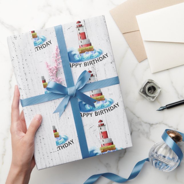 Birthday Lighthouse auf Holz Geschenkpapier (Schenken)