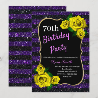 Birthday Lila Black Stripes Glitzer Gelbe Rosen Einladung