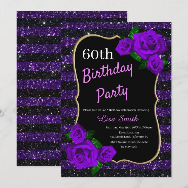 Birthday Lila Black Stripes Glitzer Lila Rose Einladung (Vorne/Hinten)