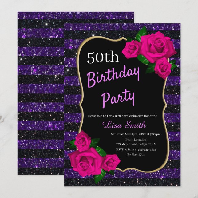 Birthday Lila Black Strips Glitzer Roses Einladung (Vorne/Hinten)