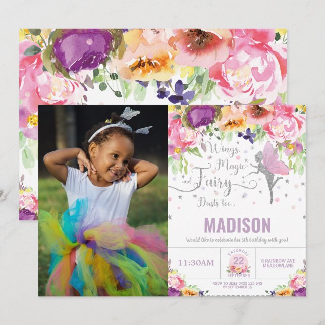 Birthday Lila Floral Silver Glitzer Foto Einladung (Vorne/Hinten)