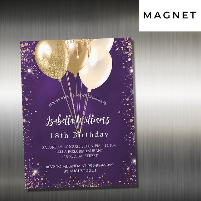 Birthday lila Gold Glitzer Ballons Luxus Magneteinladung (Von Creator hochgeladen)