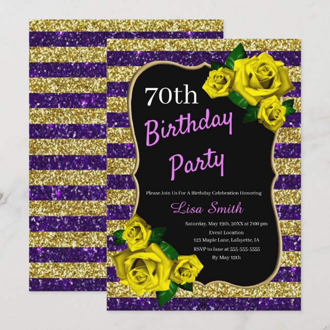 Birthday Lila Gold Streifen Glitzer Gelbe Rosen Einladung (Vorne/Hinten)
