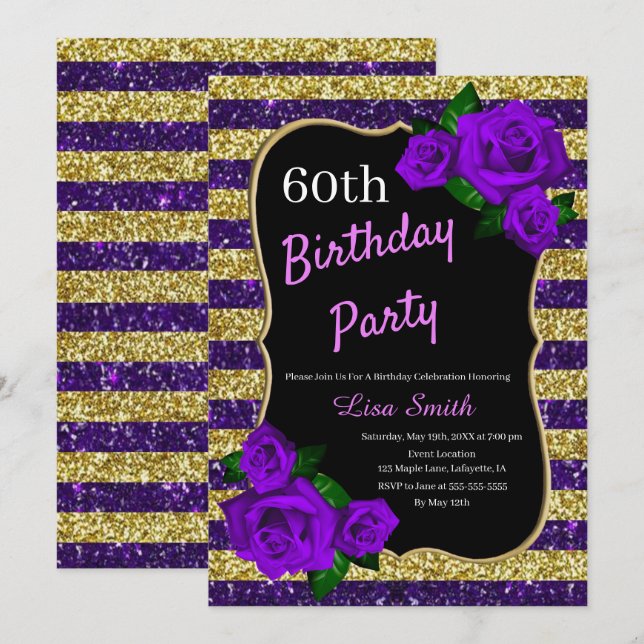 Birthday Lila Gold Streifen Glitzer Lila Rose Einladung (Vorne/Hinten)