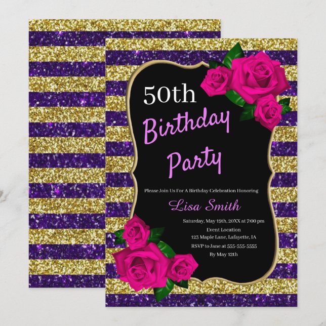 Birthday Lila Gold Streifen Glitzer Rosa Rosen Einladung (Vorne/Hinten)