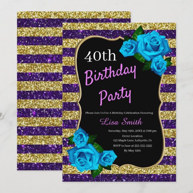 Birthday Lila Gold Stripes Glitzer Blue Rose Einladung (Vorne/Hinten)