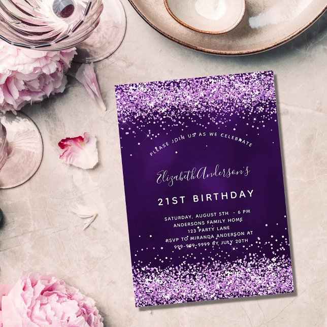 Birthday lila rosa Glitzer glamourös Einladungspostkarte (Von Creator hochgeladen)