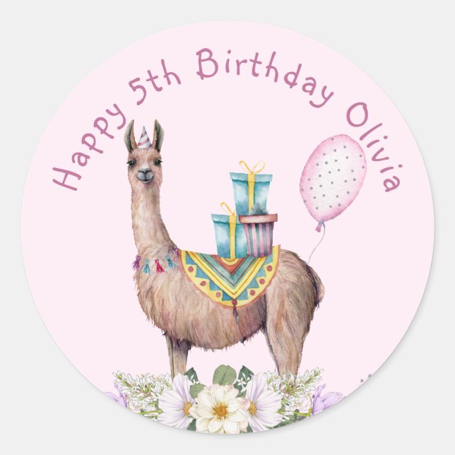 Birthday Llama Runder Aufkleber (Vorderseite)
