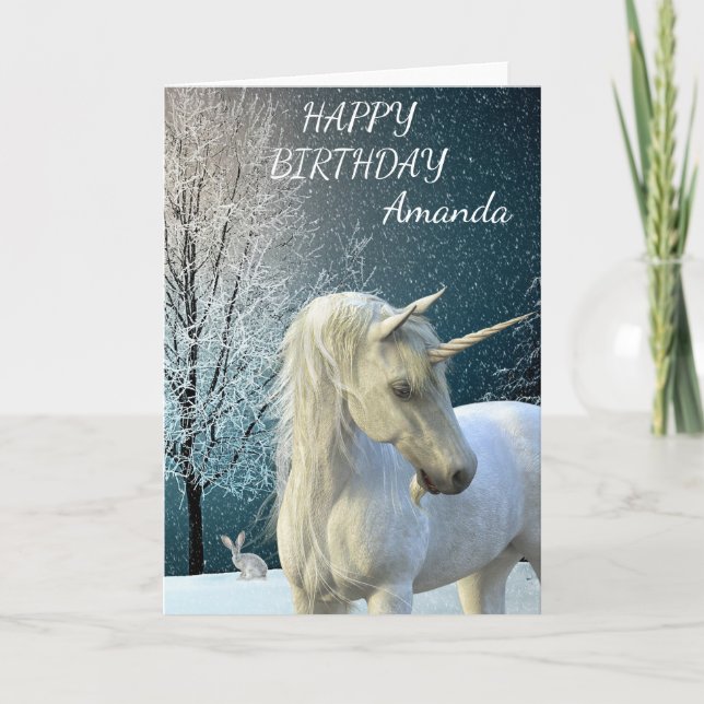 Birthday Magical Unicorn Schneeszene Personalisier Karte (Vorderseite)