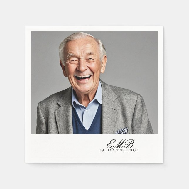 Birthday Male Stilvolles Foto White Monogram Serviette (Vorderseite)