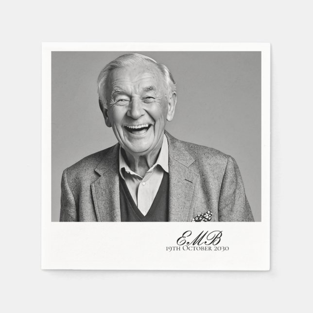 Birthday Male Stilvolles Foto White Monogram Serviette (Vorderseite)