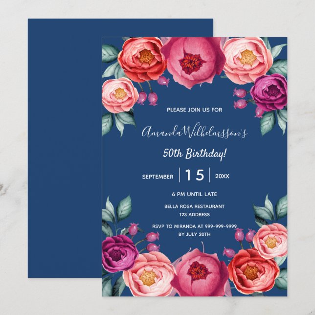 Birthday Marine blau Blütenrot Rosa lila Einladung (Vorne/Hinten)