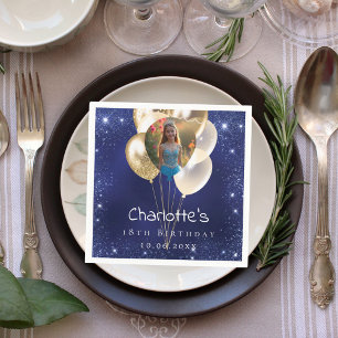 Birthday Marine Blau Foto Glitzer Goldballons Serviette