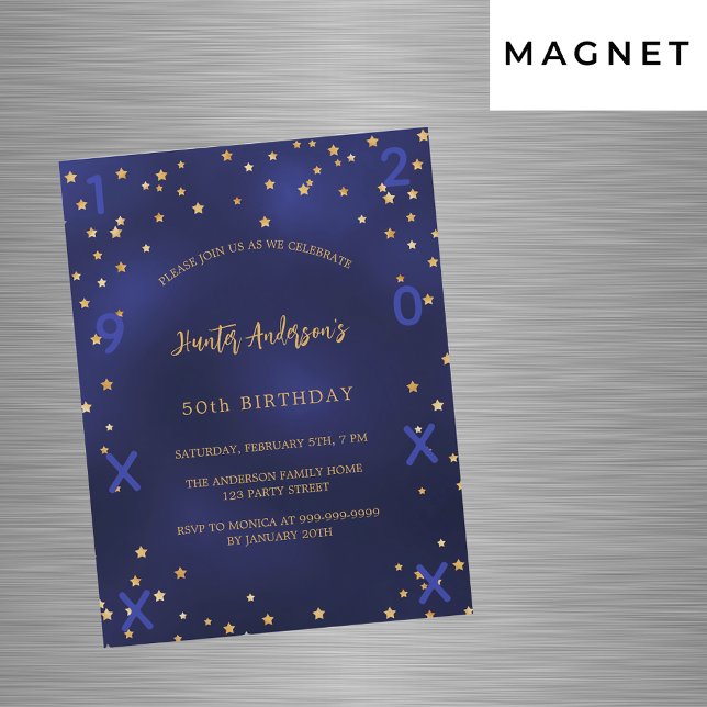 Birthday Marine blaue goldene Sterne Geburtsjahr L Magneteinladung (Von Creator hochgeladen)