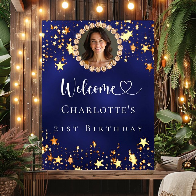 Birthday Marine Blue Gold Stars Foto Empfang Poster (Von Creator hochgeladen)