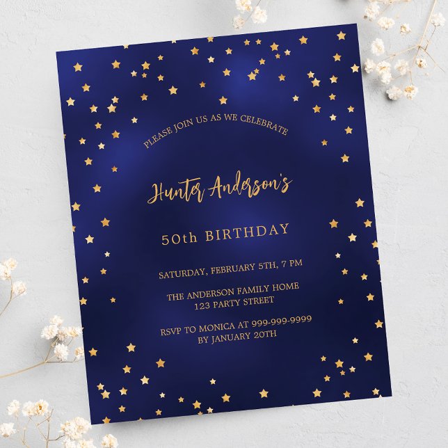 Birthday Marine Blue Gold Sterne Budget Einladung Flyer (Von Creator hochgeladen)