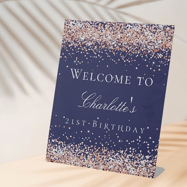 Birthday Marine Blue Rose Gold Glitzer Empfang Sockelschild (Von Creator hochgeladen)