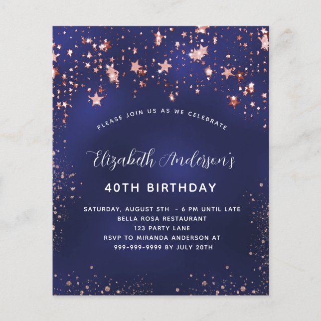 Birthday Marine Blue Rose Stars Budget Einladung (Vorderseite)