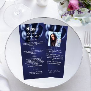 Birthday menu navy blue Foto fun facts bio Werbekarte