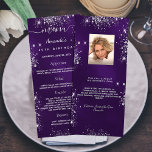 Birthday Menu purple silver glitter photo fun fact Werbekarte<br><div class="desc">Birthday party menu card.  Personalize and add a name,  age,  date and the menu. A purple background,  decorated with faux silver glitter dust.  The purple color is uneven. White colored letters.
Back: add a photo of the birthday girl,  fun facts and names.</div>