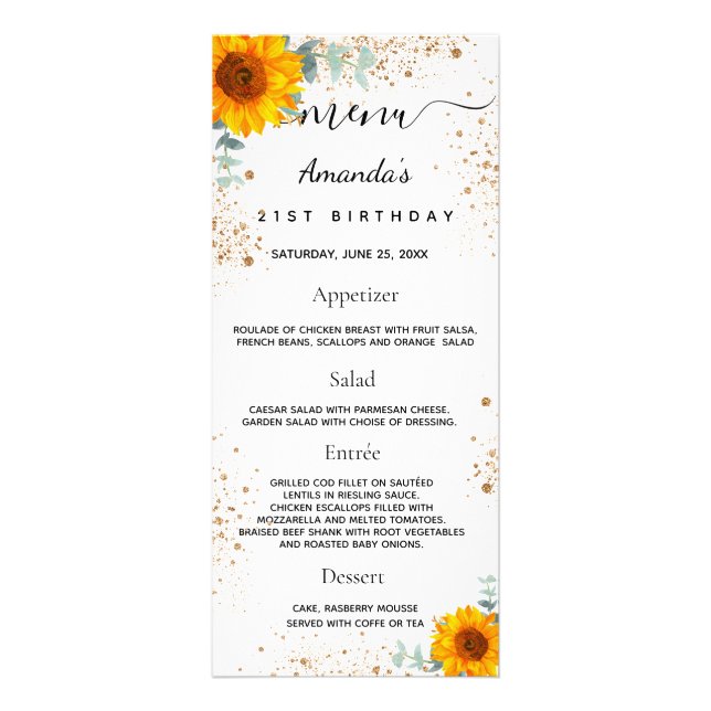 Birthday Menu sonnenblumen Eukalyptus Glitzer Werbekarte (Vorne)