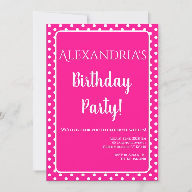 Birthday Modern Hot Pink Polka Dots Einladung (Vorderseite)