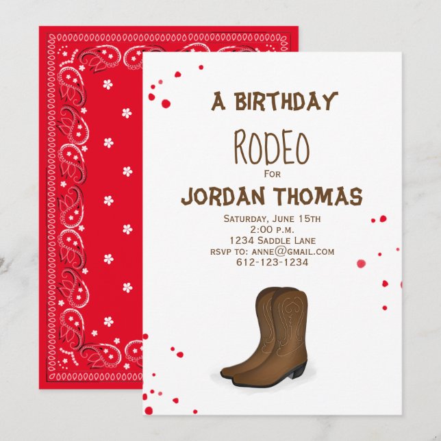 Birthday Modern Niedlich Red Bandana Cowboy Boots Einladung (Vorne/Hinten)