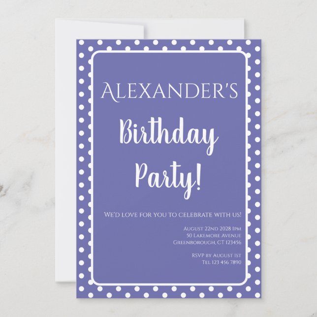 Birthday Modern Polka Dots Lila Periwinkle Einladung (Vorderseite)