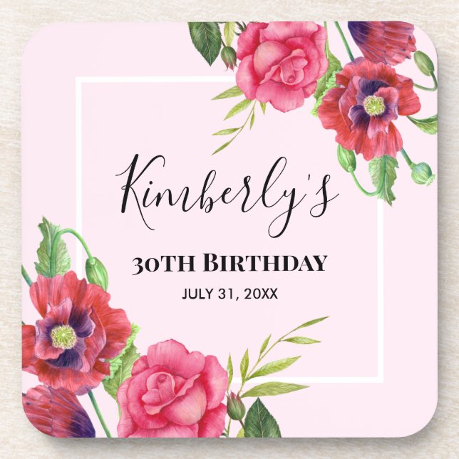 Birthday Modern Red Pink Blume auf Light Pink Getränkeuntersetzer (Vorderseite)