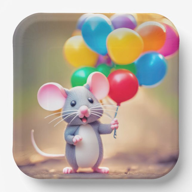 Birthday Mouse mit Balloons Pappteller (Vorderseite)