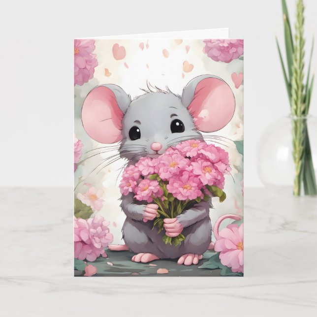 Birthday Mouse mit rosa Blume Karte (Vorderseite)