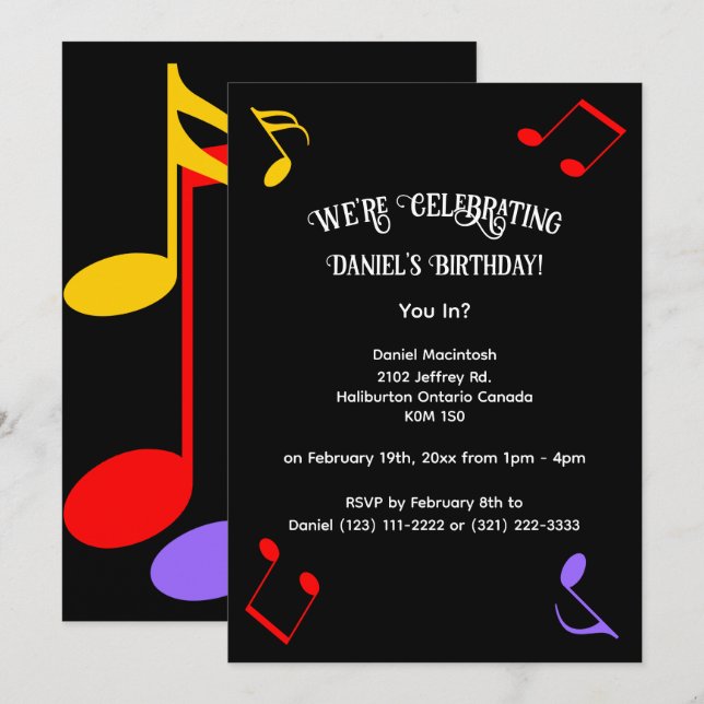 Birthday Music Notes Invitation (Devant / Derrière)